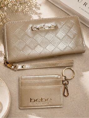 bebe Gold Quilted Zip-Around Wristlet Wallet for Women NEW